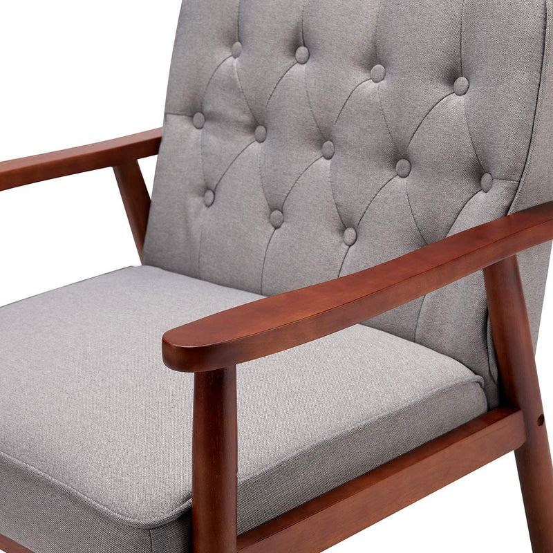 Mid-Century Retro Lounge Accent Chair Faux Leather Tufted Back Wooden Arm Chair Grey Fabric