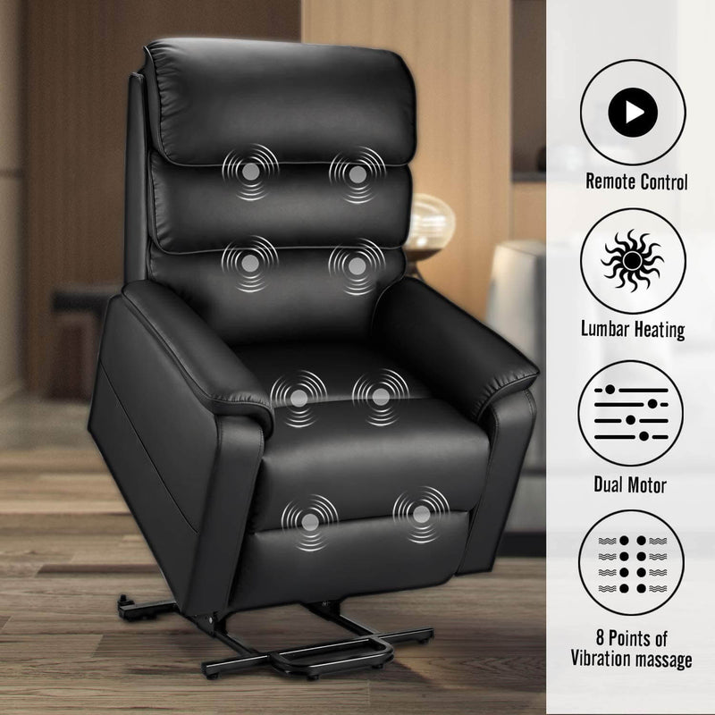 Electric Power Recliner Lift Chair Dual Motor Faux Leather Electric Recliner for Elderly, Heated Vibration Massage Sofa with Side Pockets & Remote Control, Black