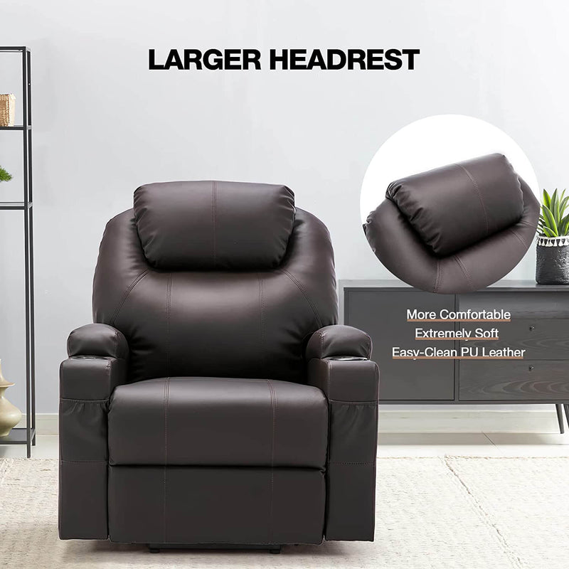 Power Lift Recliner Chair with Massage & Heat for Elderly, Leather Electric Recliner with 4 Side Pockets, Cup Holders & USB Port (Brown)