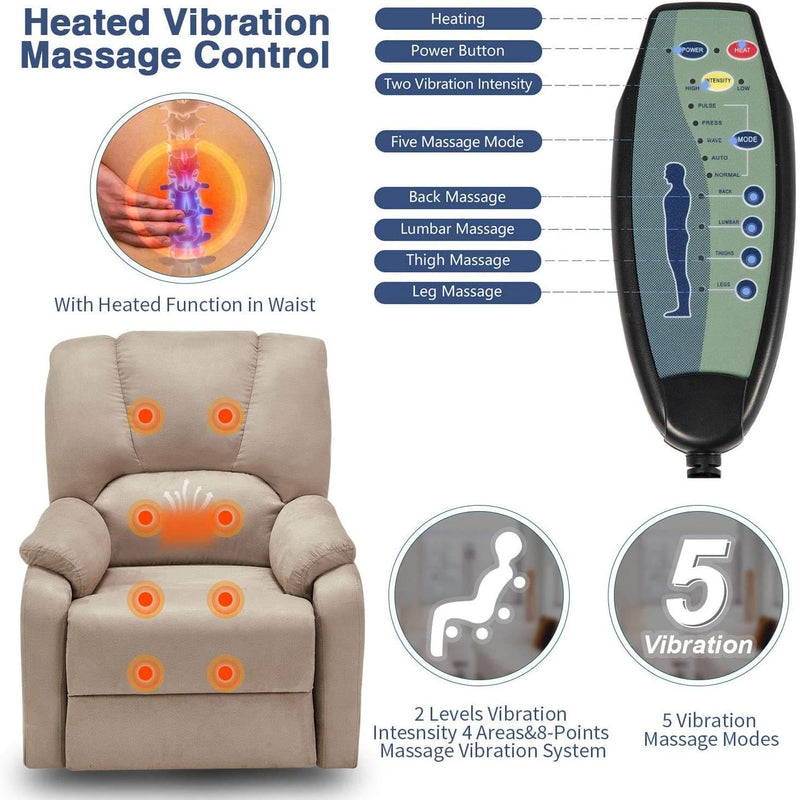 Electric Power Lift Recliner Chair Sofa with Massage and Heat for Elderly, Microfiber Recliner Chair with Side Pockets & USB Port, Beige