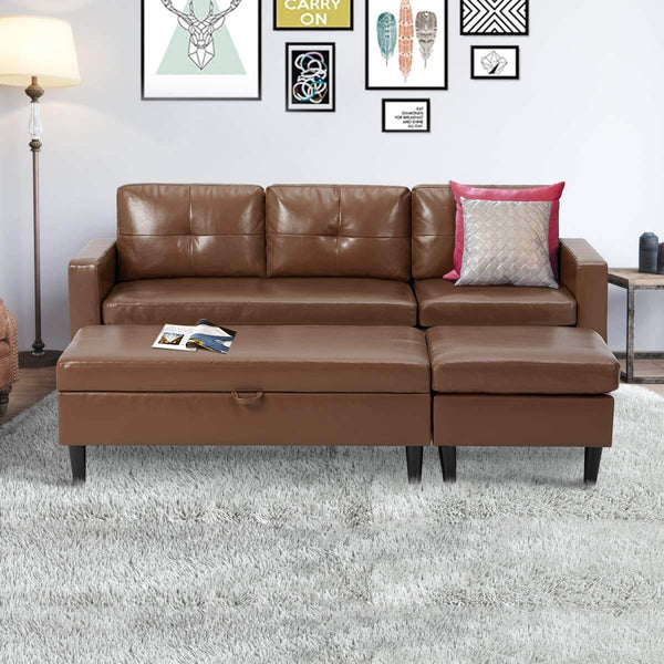 Small Faux Leather Sectional Sofa with Storage Ottoman and Chaise Lounge, 3-Seat Living Room Furniture Sets for Small Apartment, Brown