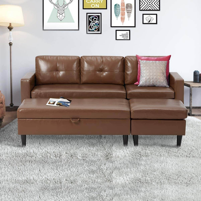 Small Faux Leather Sectional Sofa with Storage Ottoman and Chaise Lounge, 3-Seat Living Room Furniture Sets for Small Apartment, Brown