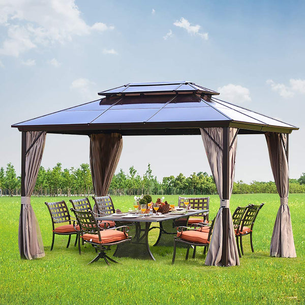 Patio Hardtop Gazebo, 10 x 13ft Double Roof Gazebos Aluminum Gazebo with Netting & Curtains