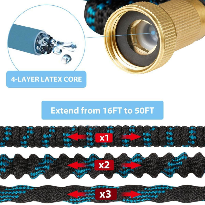 Expandable Garden Hose 50ft/Ultra Strength 3750D/Flexible and Durable 4-Layers Latex/Superior Strong Brass Connectors/10-Way Heavy Duty Zinc Water Spray Nozzle/ 2-Way Splitter