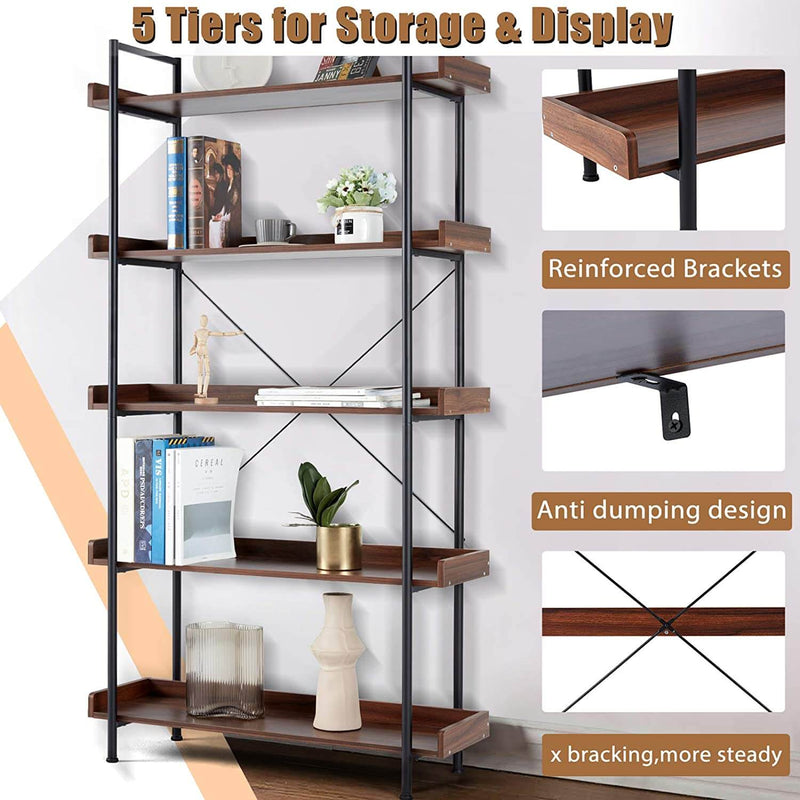 5-Tier Bookcase, Vintage Industrial Style Open Storage Display Shelves Organizer with Metal Frame Rustic Bookshelf for Home Office, Distressed Brown