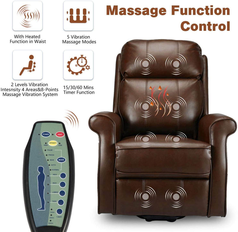 Electric Power Lift Recliner Chair, Faux Leather Electric Recliner for Elderly with Heated Vibration Massage, Side Pocket & Remote Control, Brown