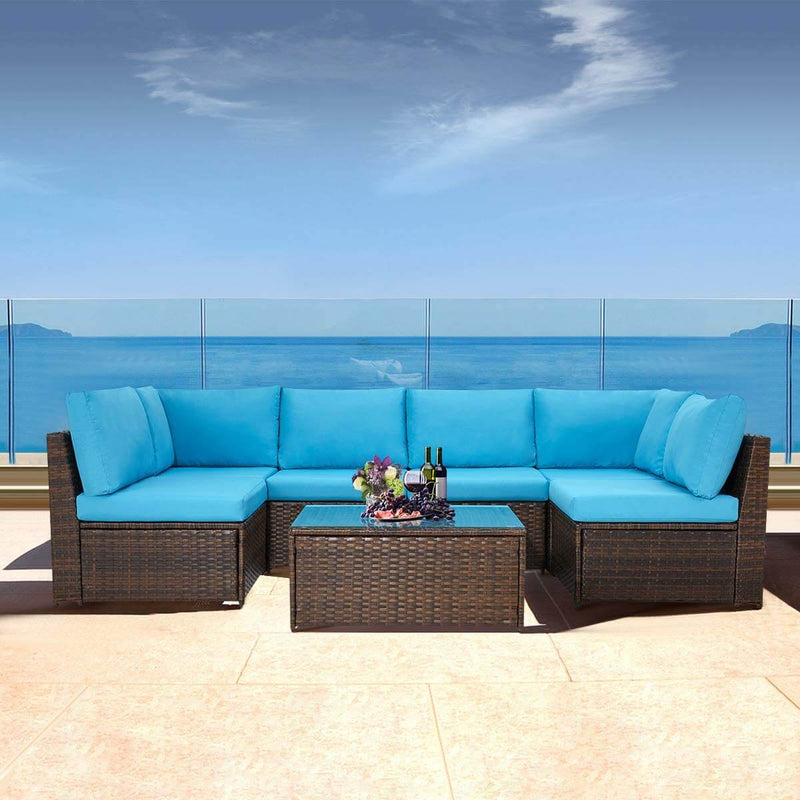 7 Pcs Patio Furniture Set, Wicker Rattan Conversation Sets, Outdoor Small Sectional Sofa Set, Blue Cushion