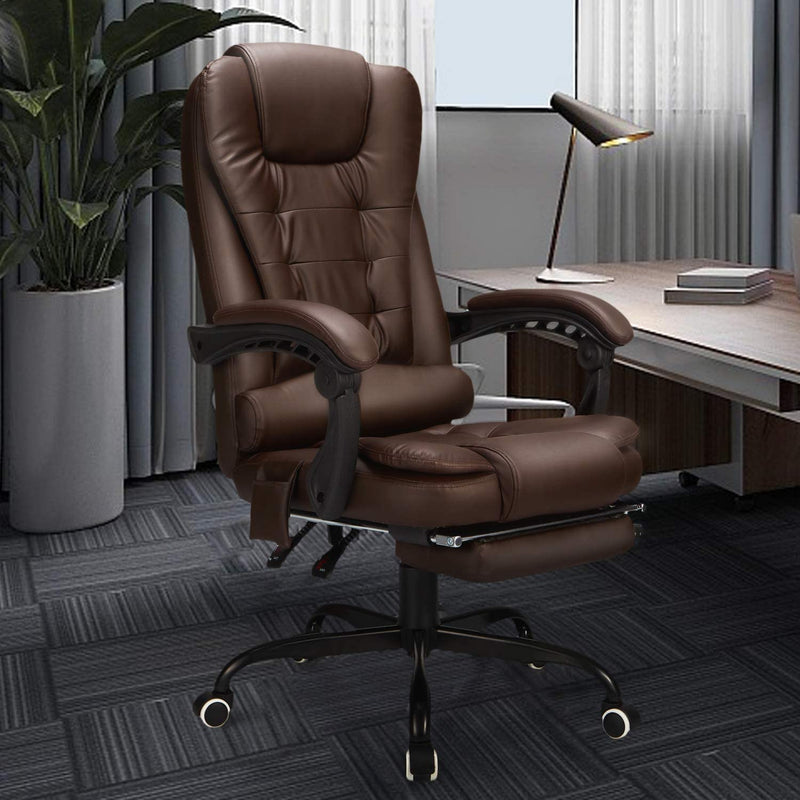 Reclining Leather Office Chair with Retracable Footrest, Ergonomic High Back Executive Adjustable Office Chair (Brown)
