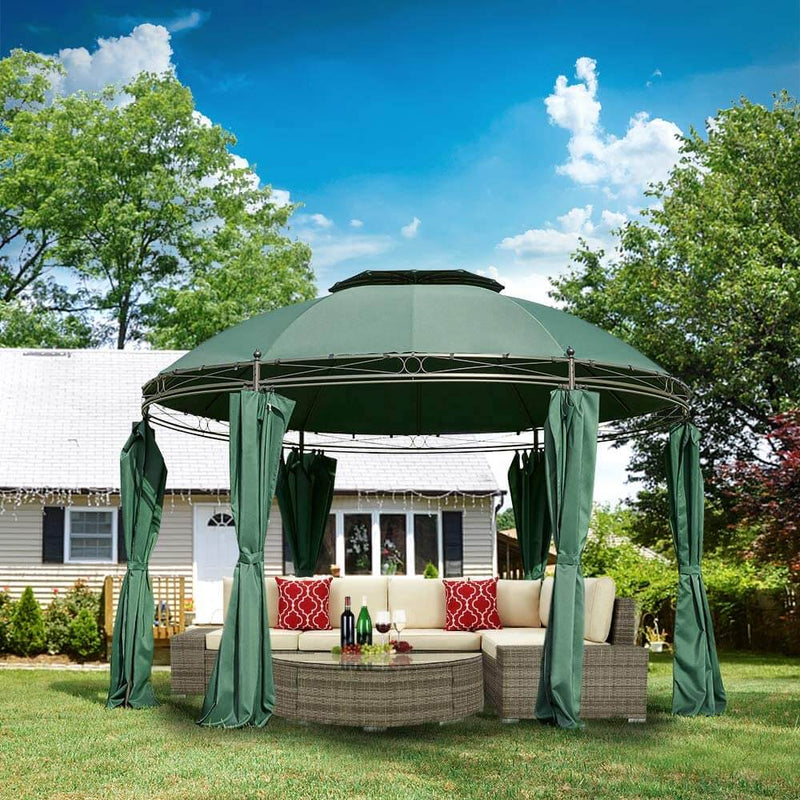 11.5ft Outdoor Patio Gazebo, Steel Frame Round Softtop Gazebo Canopy Anti-UV Dome with Ground Stake & Removable Curtains, Green