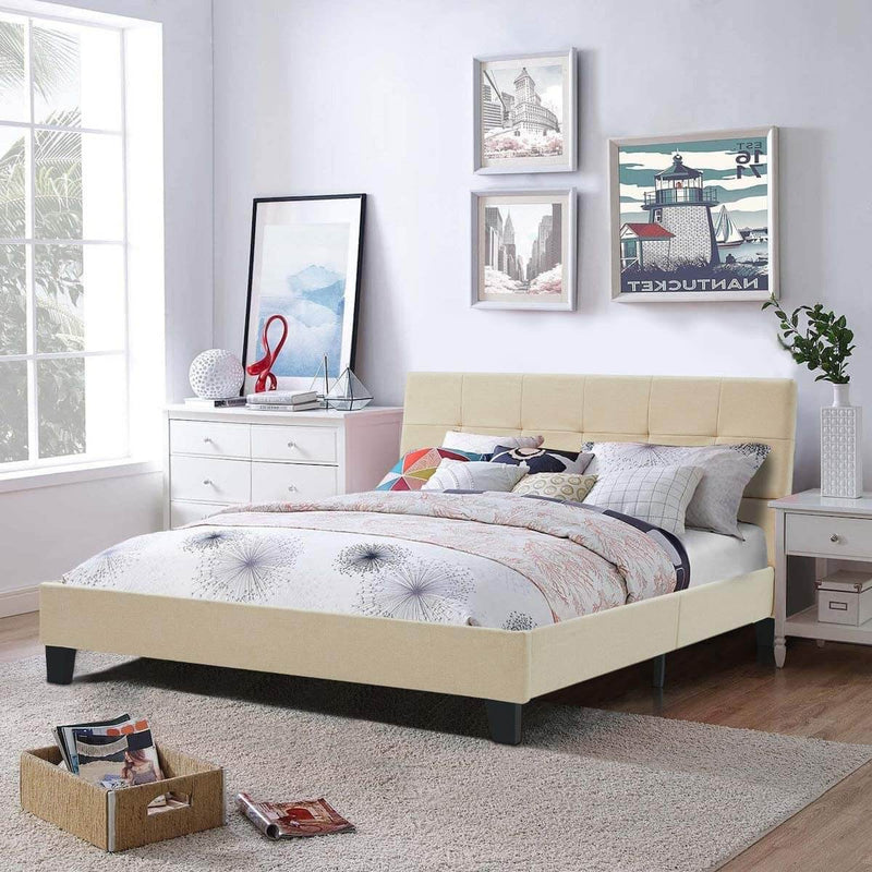 Platform Bed Frame, Full Size Linen Fabric Bed Frame with Wood Slats Support, Upholstered Platform Bed Mattress Foundation,Easy Assembly (Full Size/Beige)