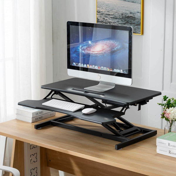Stand Up Desk Converter 32 Inches Standing Desk Riser, Height Adjustable Home Office Desk with Deep Keyboard Tray for Laptop, Balck