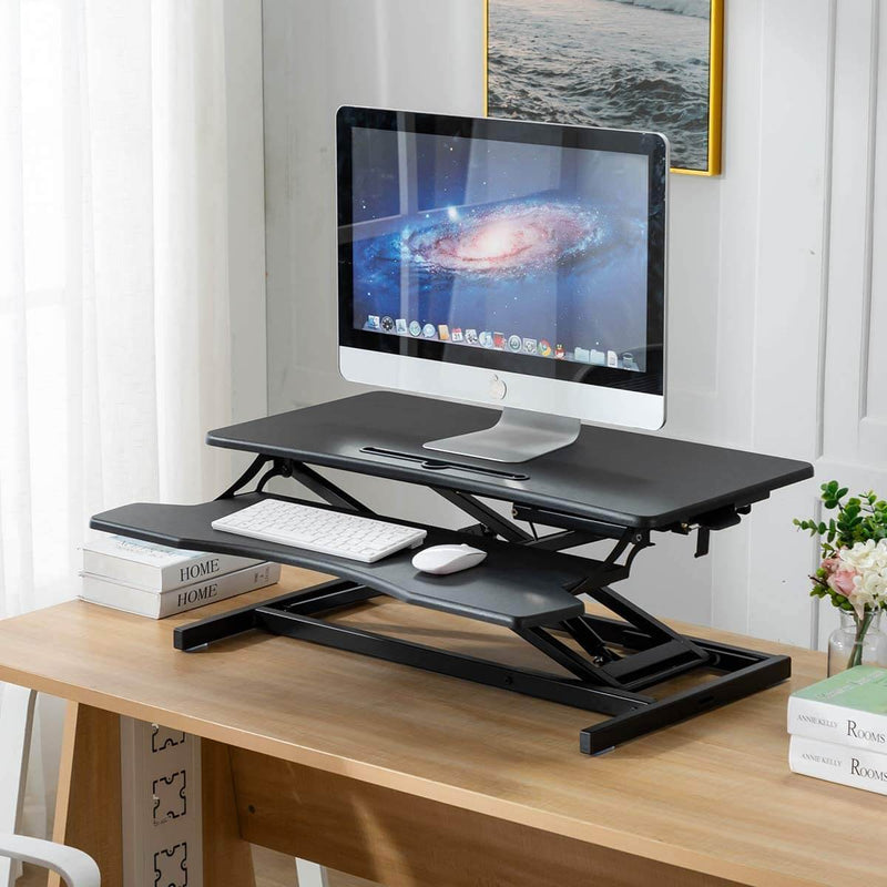 Stand Up Desk Converter 32 Inches Standing Desk Riser, Height Adjustable Home Office Desk with Deep Keyboard Tray for Laptop, Balck
