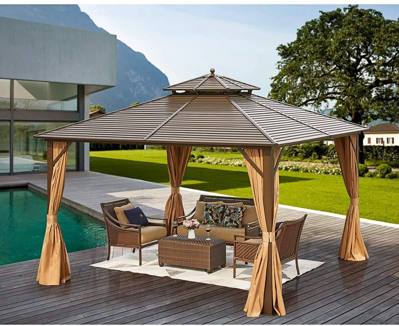 12'x12' Hardtop Gazebo Canopy Galvanized Steel Pergolas with Netting & Curtains