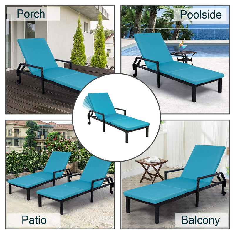 Adjustable Outdoor Chaise Lounge Chair Rattan Wicker Patio Lounge Chair Set of 2 with Cushion and Wheels,Black
