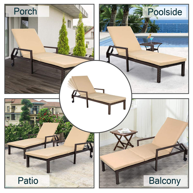 Adjustable Outdoor Chaise Lounge Chair Rattan Wicker Patio Lounge Chair with Cushion and Wheels,Brown