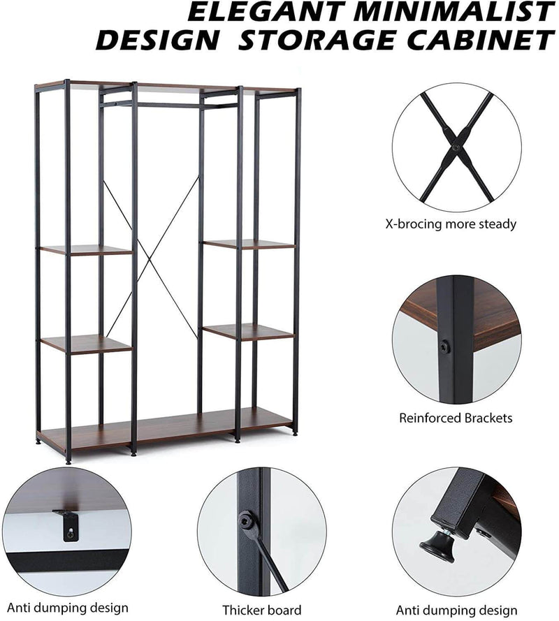 Garment Rack Freestanding Heavy Duty Closet Organizer Wardrobe Wood Clothing Shelves w/ Hanging Rod, Extra Large Armoire Storage Metal Clothing Rack