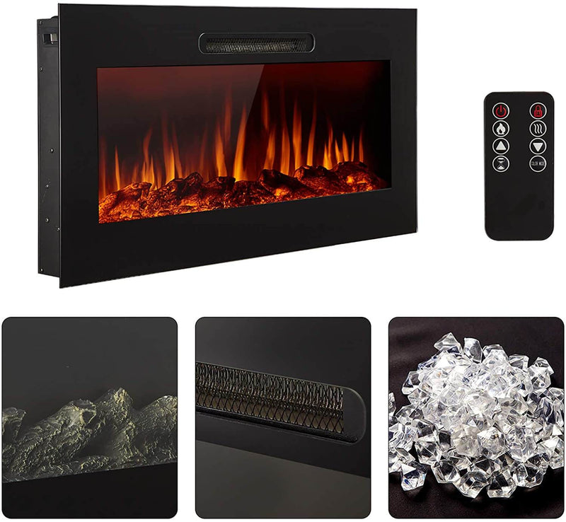 36" Recessed Mounted Electric Fireplace with Timer & Auto-shutoff, 750/1500W