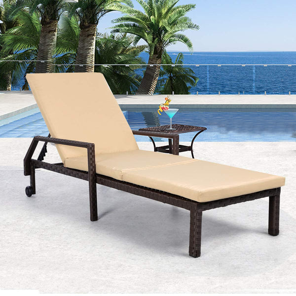 Adjustable Outdoor Chaise Lounge Chair Rattan Wicker Patio Lounge Chair with Cushion and Wheels,Brown