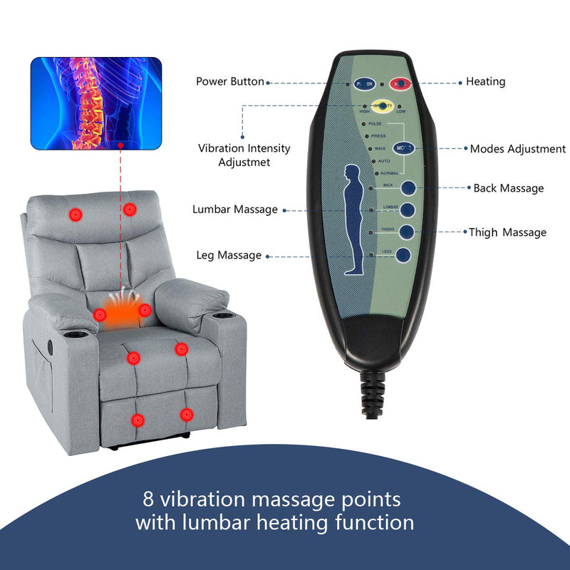 Power Lift Chair Electric Recliner for Elderly Heated Vibration Fabric Sofa Living Room Chair with 2 Side Pockets and Cup Holders, USB Charge Port & Remote Control, Gray