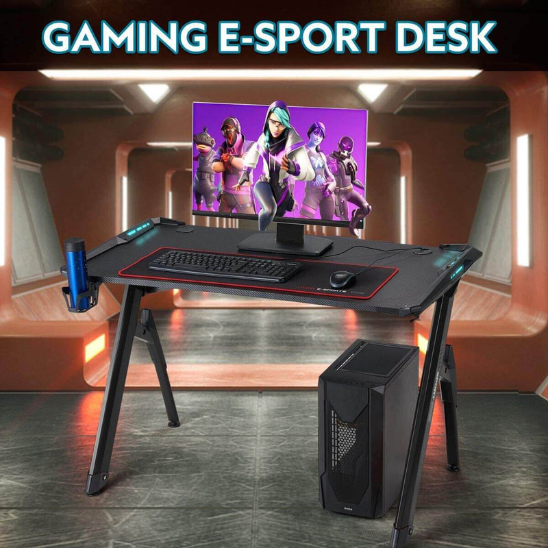 47" Ergonomic Gaming Desk Home Office Desk RGB LED Light PC Computer Table with Cup Holder & Headphone Hook, Racing Gaming Table, Black