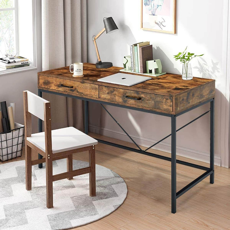 Industrial Computer Desk, Writing Study Table with 2 Drawers,Notebook PC Workstation,Wood Desktop Black Steel Frame, for Home,Office