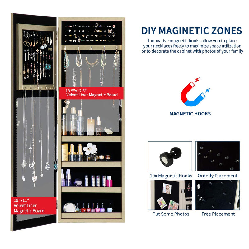 Champagne Gold Coated Jewelry Organizer Jewelry Cabinet with Full Length Mirror