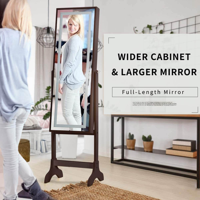 Floor Standing Jewelry Armoire, Angle Adjustable Jewelry Organizer, Dressing Mirror Jewelry Cabinet with Full Length Mirror, Brown
