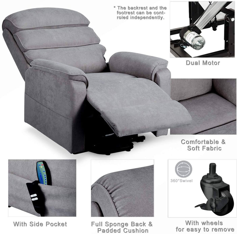 Dual Motor Electric Power Recliner Lift Chair, Linen Fabric Electric Recliner for Elderly, Heated Vibration Massage Sofa with Side Pockets & Remote Control, Gray