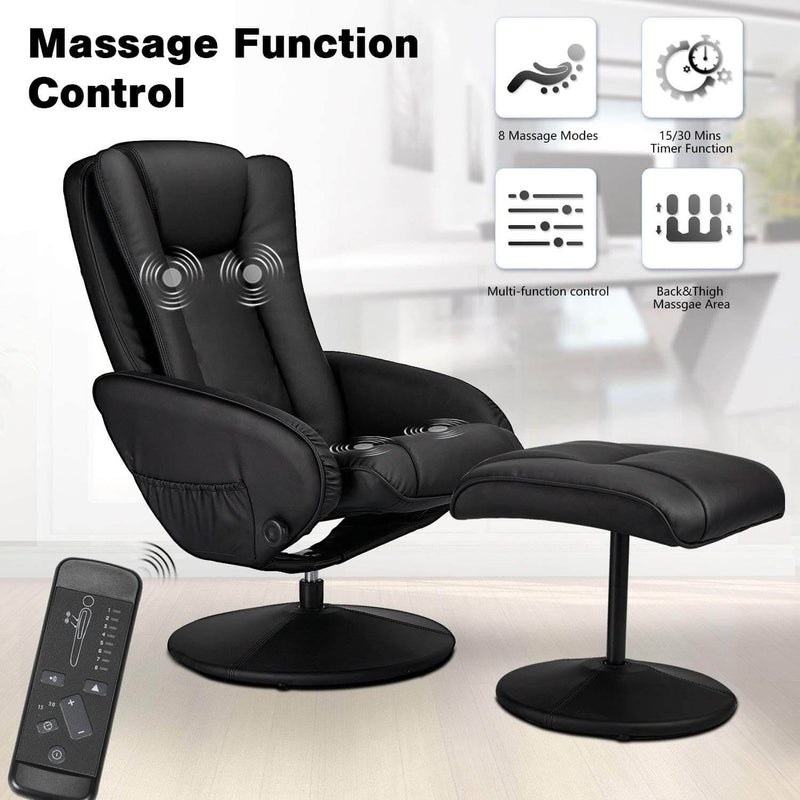 Recliner Chair and Ottoman, 360 Degrees Swivel Ergonomic Faux Leather Lounge Recliner with Footrest, Vibration Massage Lounge Chair with Side Pocket, Black