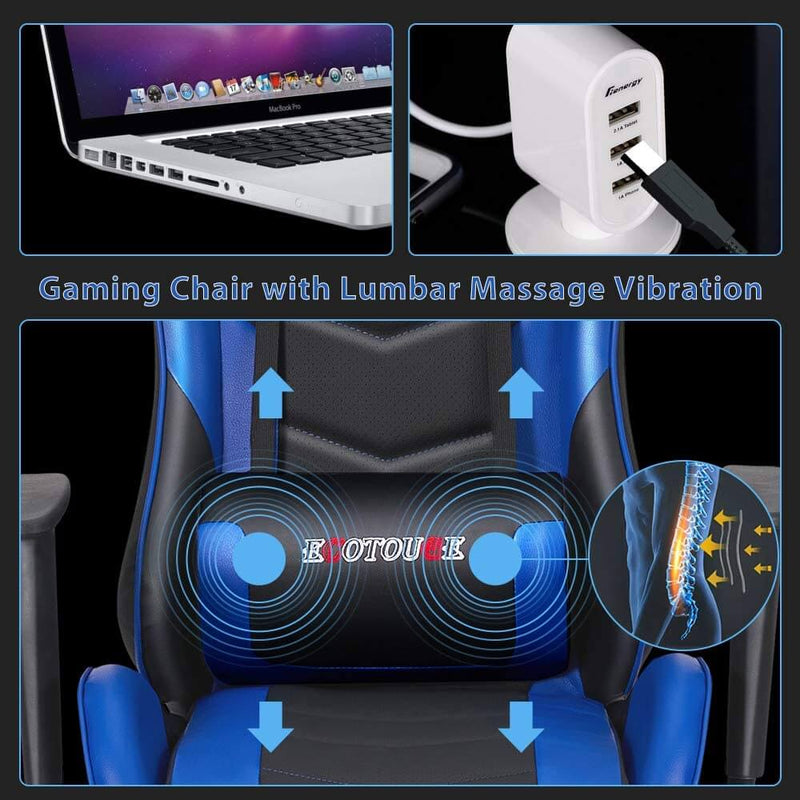 Gaming Chair Massage Ergonomic Office Chair High Back Computer Chair Racing PU Leather Recliner with Headrest & Lumbar Pillow, Black & Blue