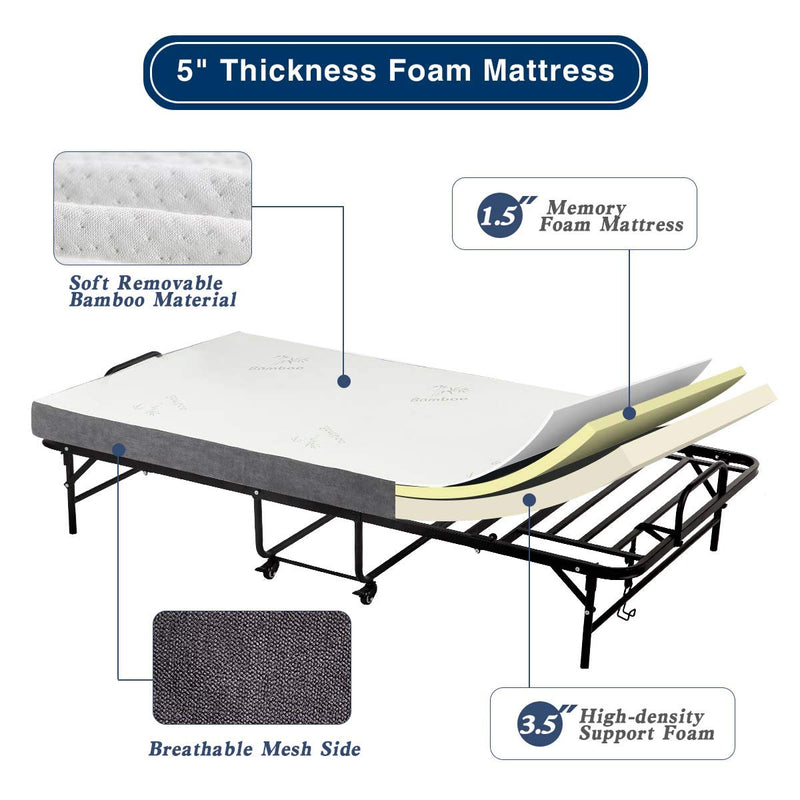 Portable Folding Bed with 5 Inch Memory Foam Mattress