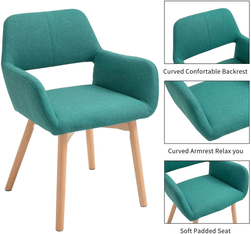 Modern Living Dining Room Accent Arm Chairs, Fabric Mid-Century Upholstered Seat with Solid Wood Legs, Green