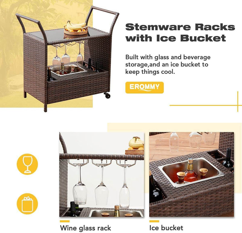 Outdoor Wicker Bar Cart Patio Serving Counter Table w/ Removable 12L Ice bucket, Glass Top, Wine Rack & Wheels
