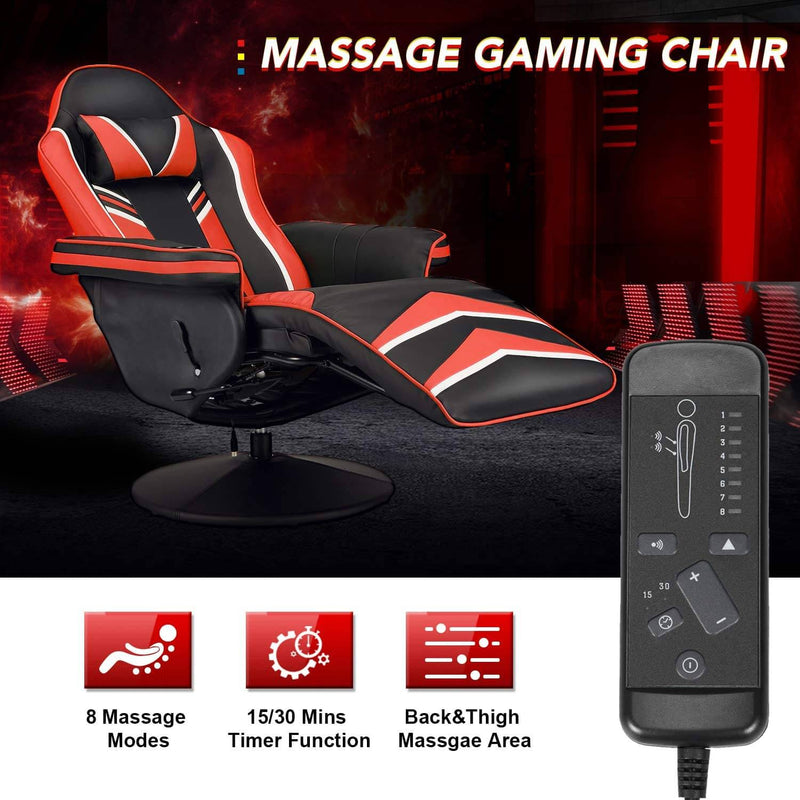 Gaming Chair Recliner Ergonomic Racing Chair with Vibration Massage Adjustable Backrest and Footrest, Swivel Faux Leather Office Chair, Red