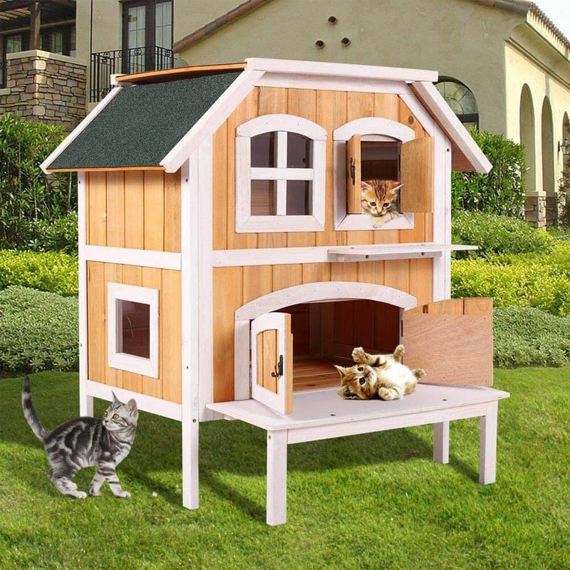 2-Story Wooden Raised Elevated Cat Cottage Pet House Indoor Outdoor Kennel