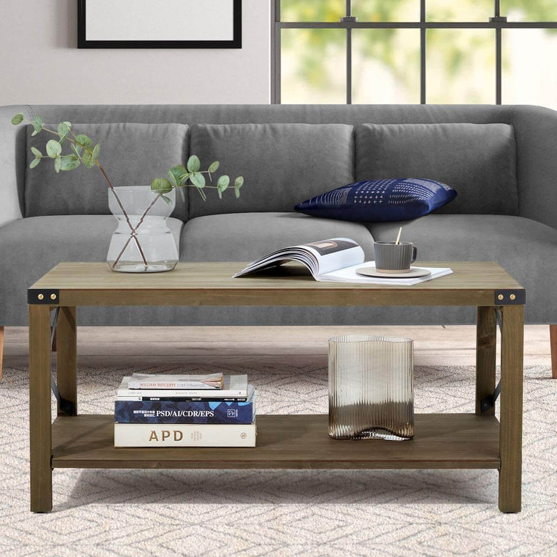 Industrial Coffee Table Wood Look Tea Table with Storage Shelf for Living Room Accent Furniture with Metal Frame, Easy Assembly