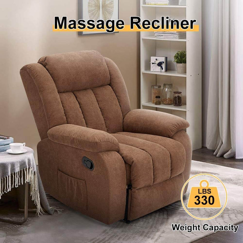 Massage Recliner Chair Fabric Heated Ergonomic Lounge Chair Overstuffed Reclining Chair Single Sofa for Living Room, Remote Control, Chocolate