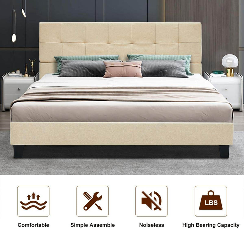 Platform Bed Frame, Queen Size Linen Fabric Bed Frame with Wood Slats Support, Upholstered Platform Bed Mattress Foundation,Easy Assembly (Queen Size/Beige)