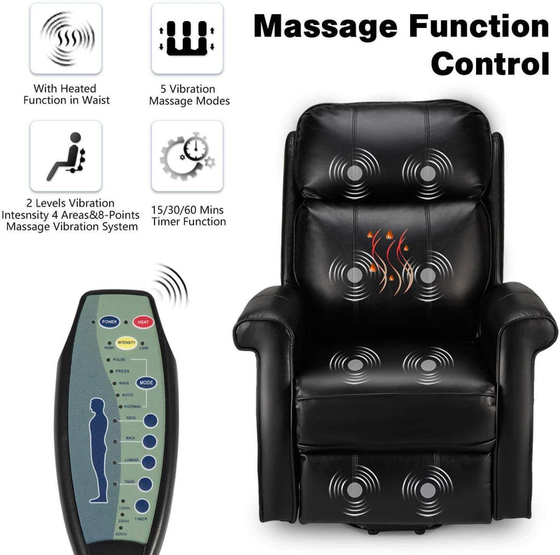 Electric Power Lift Recliner Chair, Faux Leather Electric Recliner for Elderly with Heated Vibration Massage, Side Pocket & Remote Control, Black