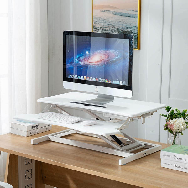Stand Up Desk Converter 32 Inches Standing Desk Riser, Height Adjustable Home Office Desk with Deep Keyboard Tray for Laptop, White