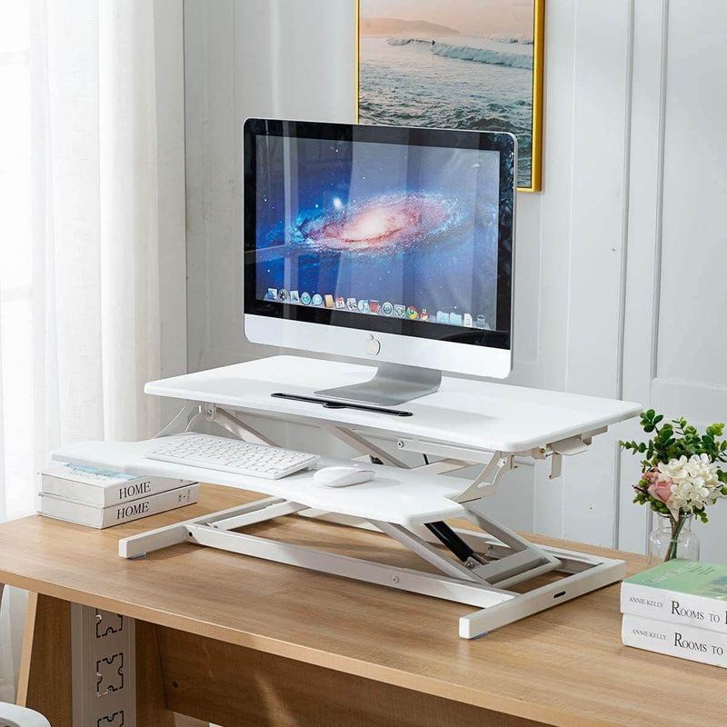 Stand Up Desk Converter 32 Inches Standing Desk Riser, Height Adjustable Home Office Desk with Deep Keyboard Tray for Laptop, White