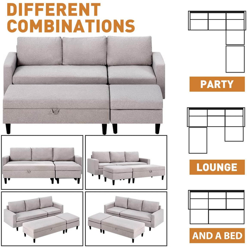 Sectional Sofa with Ottoman and Chaise Lounge, 3-Seat Living Room Furniture Sets, L-Shape Couch Sofa for Living Room,Light Gray