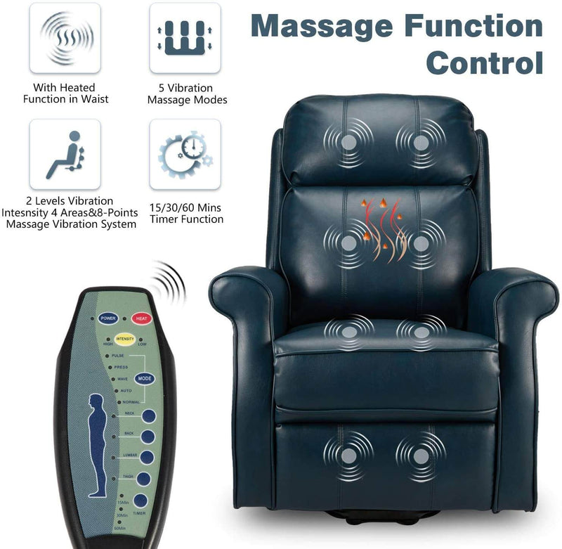Electric Power Lift Recliner Chair, Faux Leather Electric Recliner for Elderly with Heated Vibration Massage, Side Pocket & Remote Control, Blue