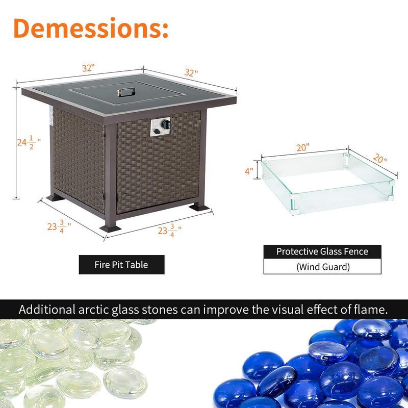 32'' Propane Gas Fire Pits Table, Auto-Ignition Gas Firepit with Glass Wind Guard, Black Tempered Glass Tabletop & Glass Rock, Brown PE Rattan