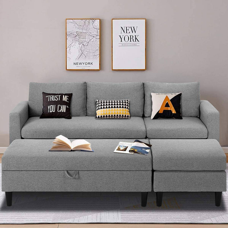 Gray Sectional Sofa with Ottoman and Chaise Lounge, 3-Seat Living Room Furniture Sets, L-Shape Couch Sofa for Living Room