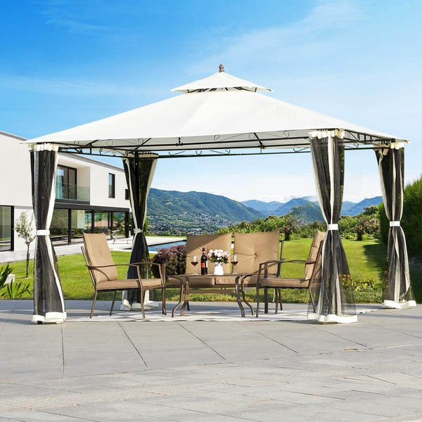 10 x 12 FT Double-Roof Softtop Gazebo Canopy, Outdoor Steel Frame Gazebo with Mosquito Netting, Cream