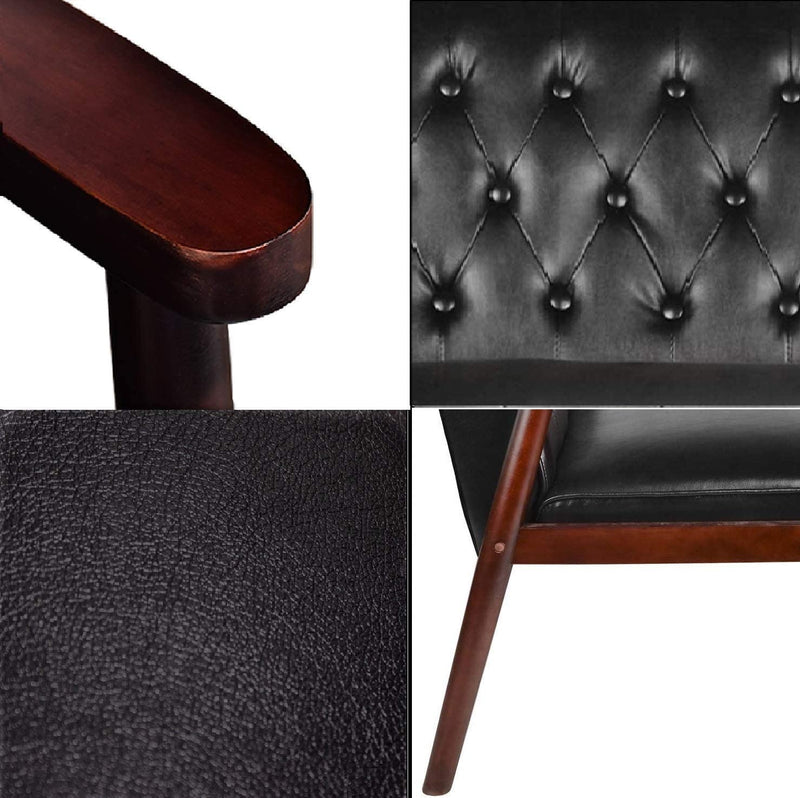Mid-Century Accent Chair Retro Faux Leather Upholstered Wooden Lounge Chair Black Set