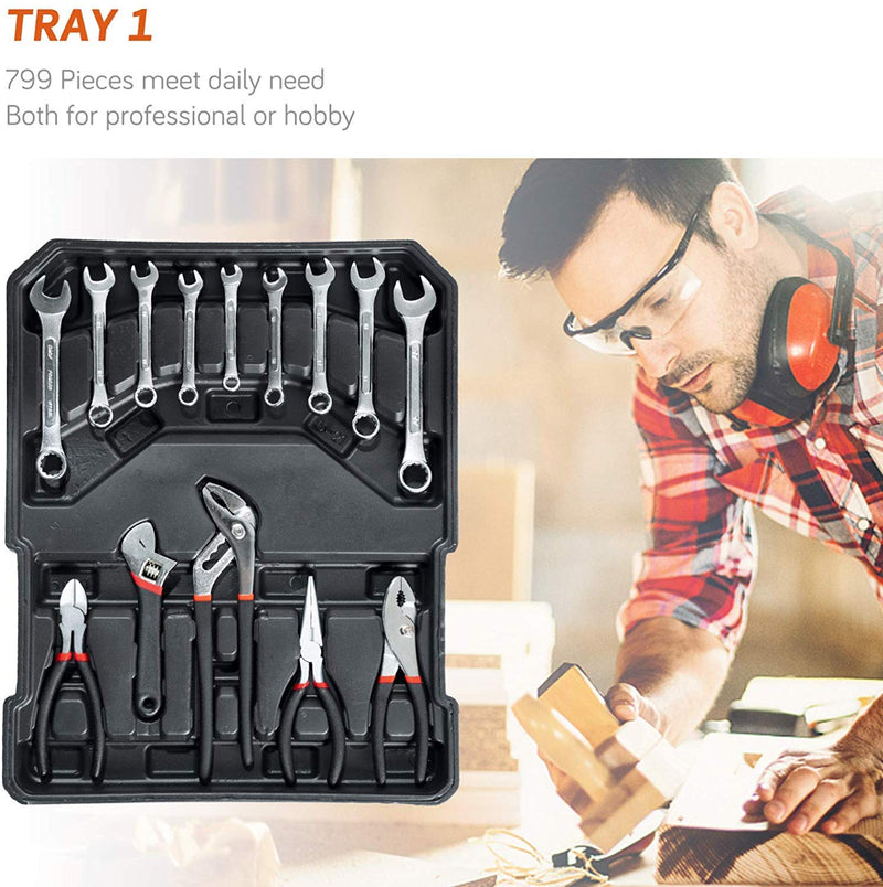 Tool Box with Tools 799pcs Household Tool Set with Aluminum Trolley Case Silver