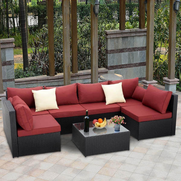 7-Piece Wicker Outdoor Patio Sectional Furniture Set Rattan Patio Conversation Furniture Sets Wicker Sofa Set with Red Cushion