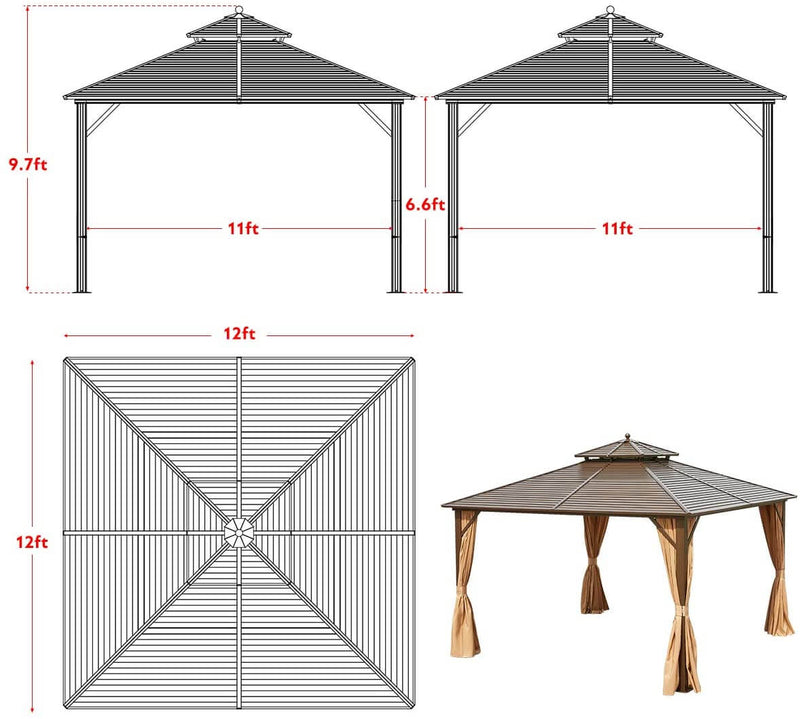 12'x12' Hardtop Gazebo Canopy Galvanized Steel Pergolas with Netting & Curtains